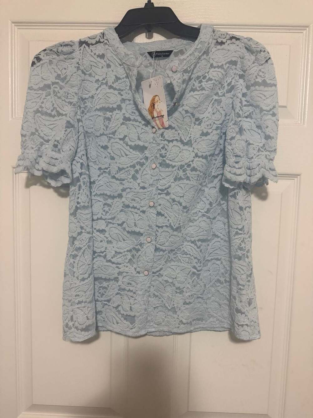 PRETTYGARDEN Womens Lace Short Puff Sleeve Button Down Blouse - Picture 2 of 6